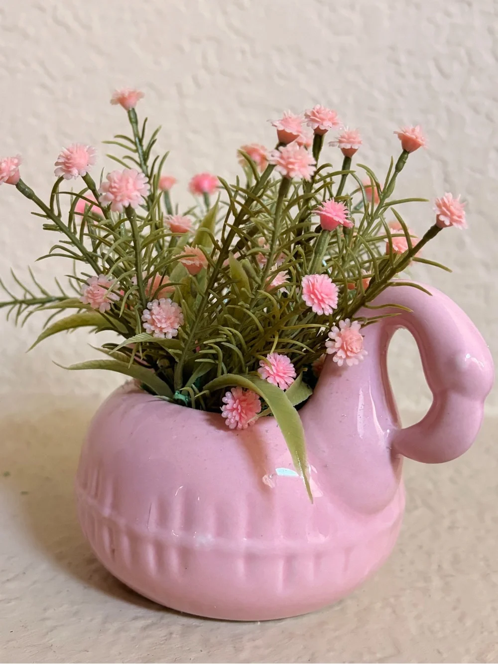 Pink Ceramic Swan Planter with Faux Pink Blossoms